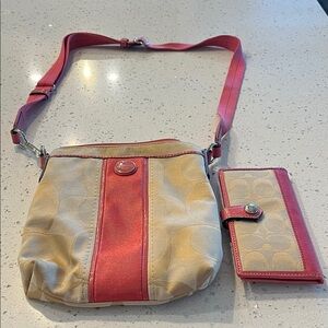 Coach Pink and Tan Signature Canvas Crossbody with Matching Wallet